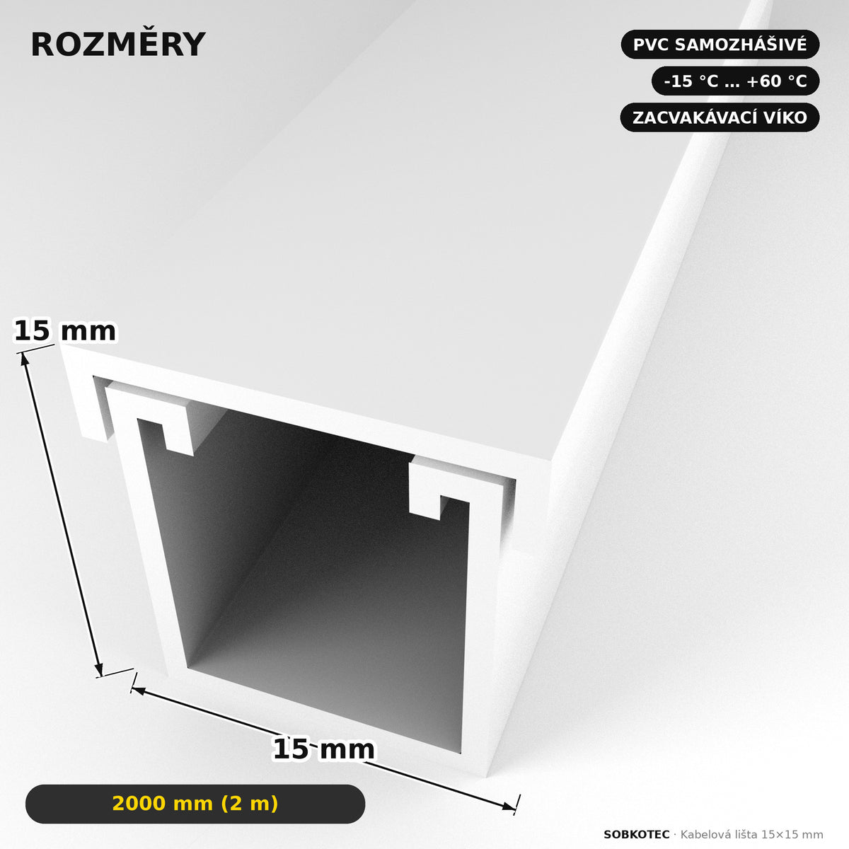 Kabelová lišta 15 × 15 mm bílá – samolepicí lišta na kabely 2 m — kabely schované, stěna čistá