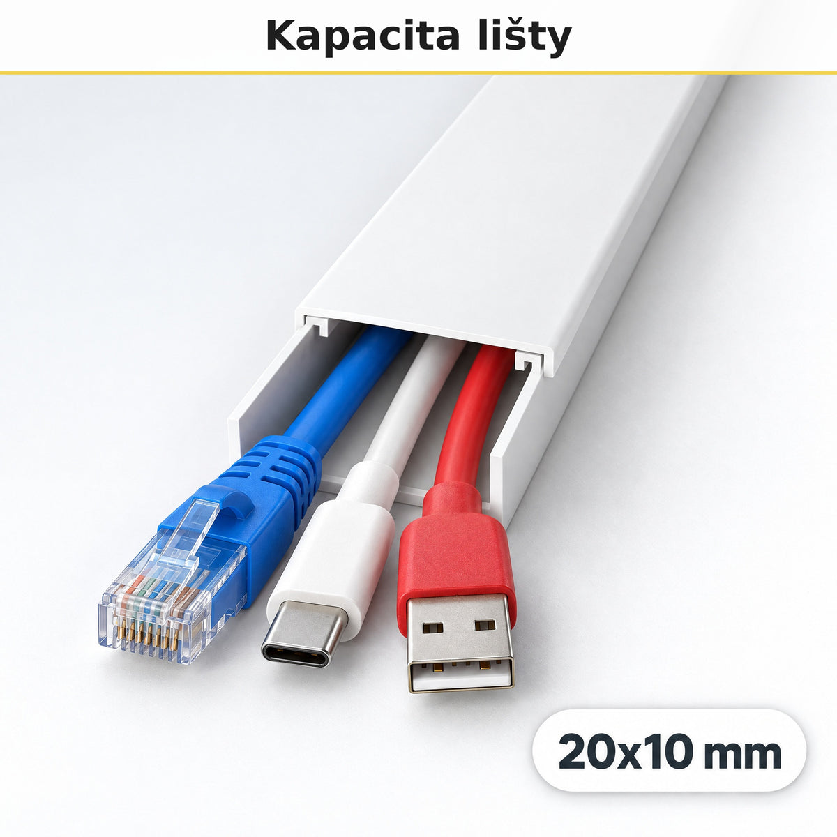 Lišta na kabely 20 × 10 mm bílá – samolepicí kabelová lišta 1 m — kolik kabelů se vejde