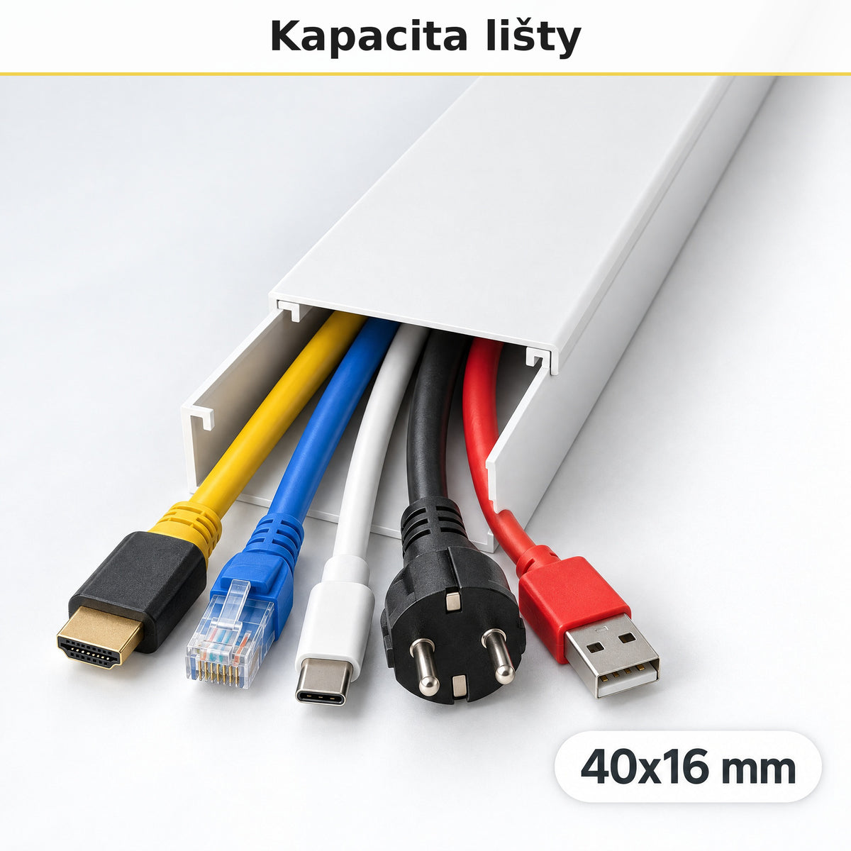 Lišta na kabely 40 × 16 mm bílá – samolepicí kabelová lišta 2 m — kolik kabelů se vejde