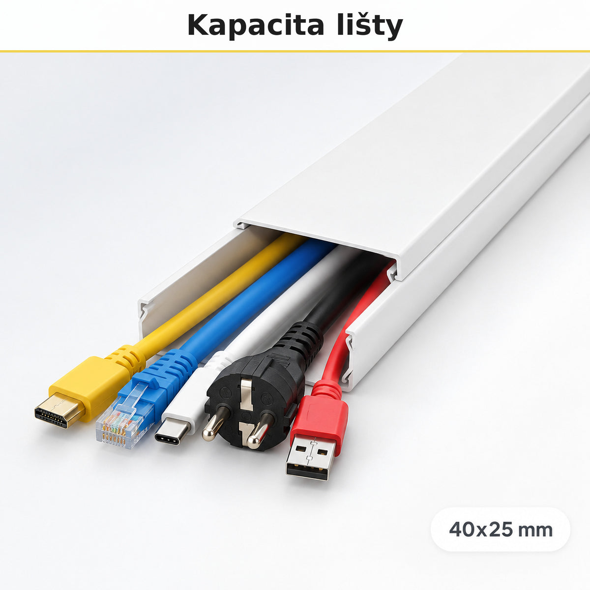 Lišta na kabely 40 × 25 mm bílá – samolepicí kabelová lišta 1 m — kolik kabelů se vejde