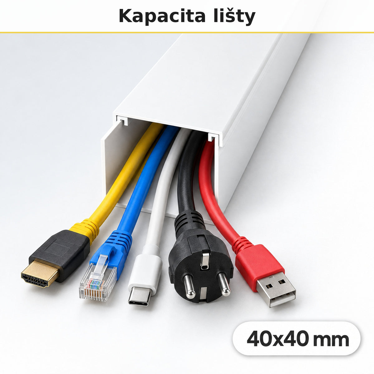 Lišta na kabely 40 × 40 mm bílá – samolepicí kabelová lišta 2 m — kolik kabelů se vejde